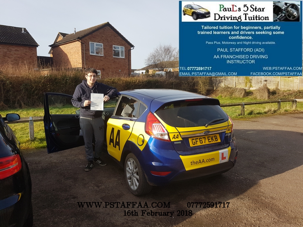 Driving Test Pass for Ewan Taylor with Paul's 5 Star Driving Tuition in Hereford